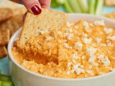 Side view of a cracker being dipped into a bowl of buffalo chicken dip.