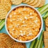 Overhead view of a the buffalo chicken dip surrounded by crackers and vegetables.