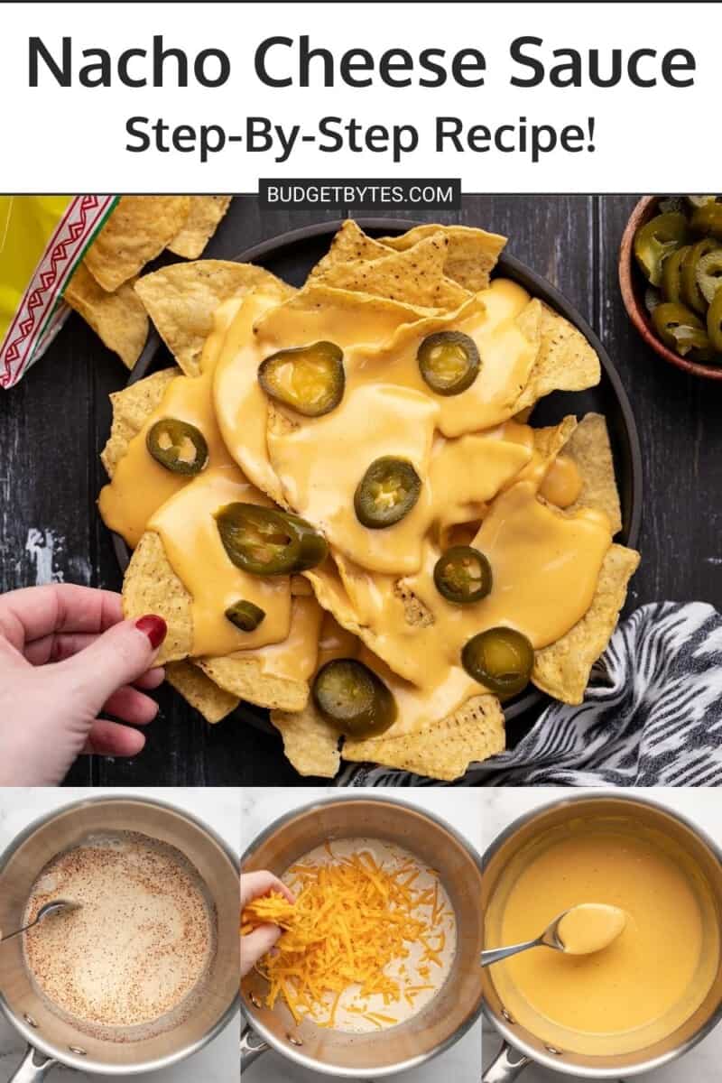 Collage of nacho cheese sauce images with title text at the top.