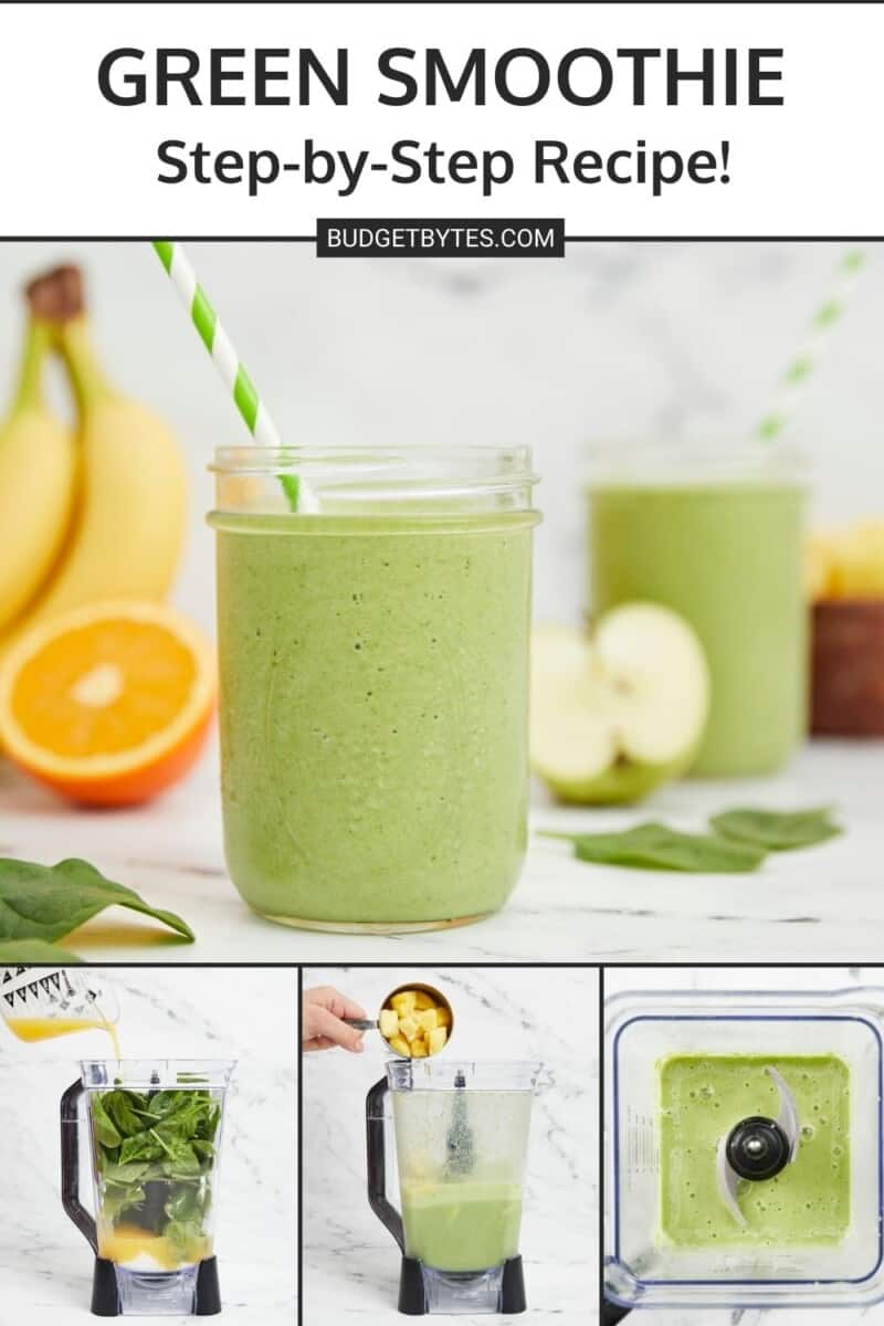 Side shot of green smoothies surrounded by cut fruit set over three process shots.