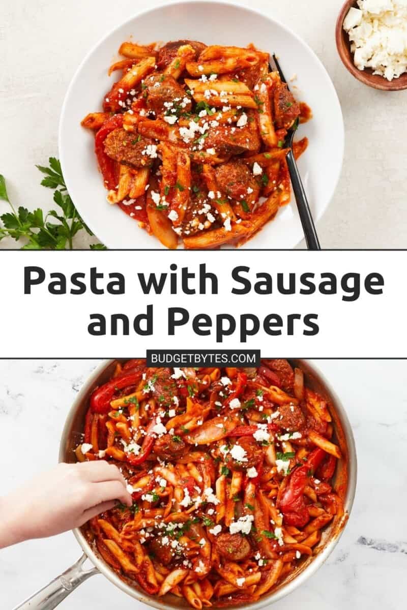 Collage of two photos of pasta with sausage and peppers