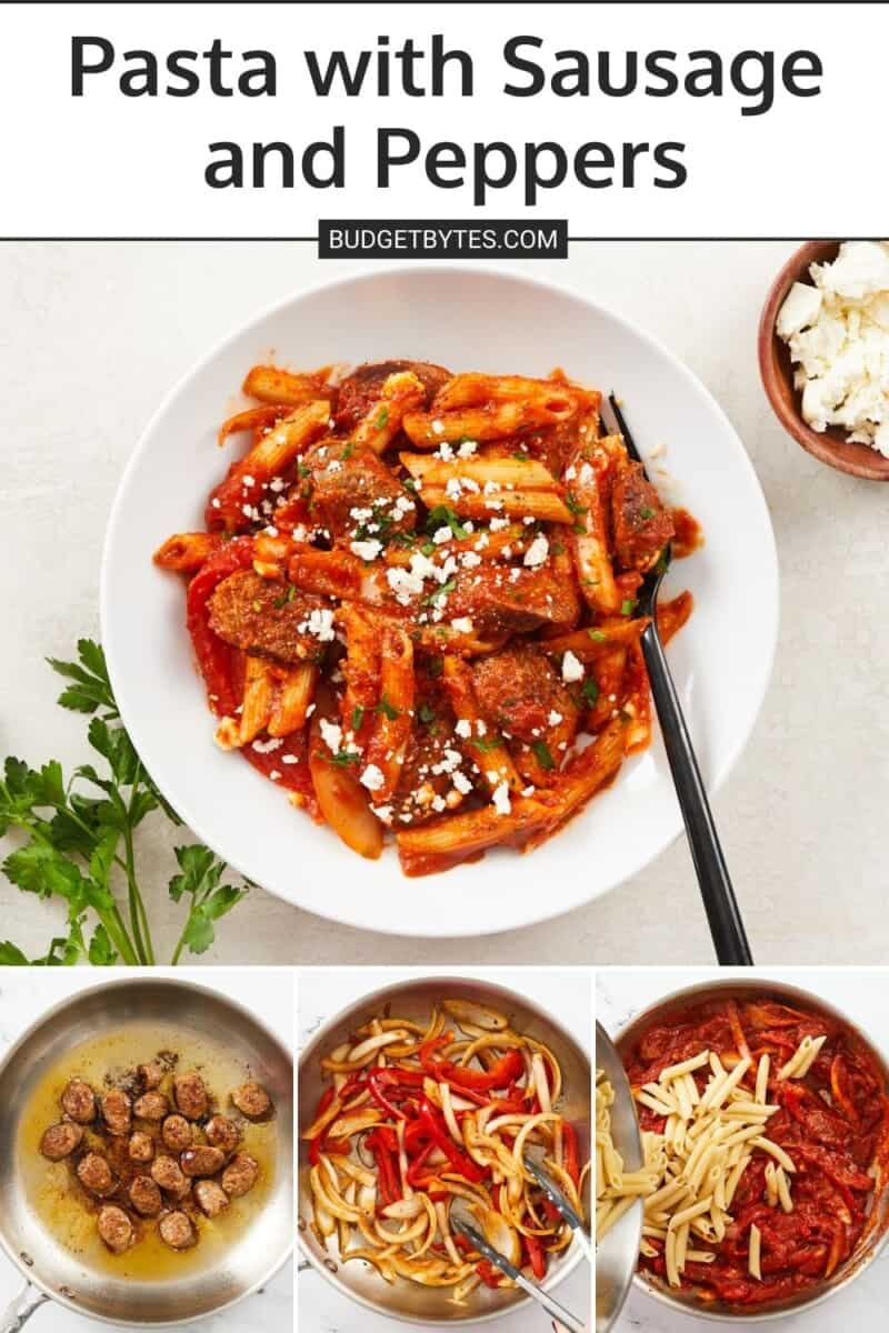 Collage of photos of pasta with sausage and peppers