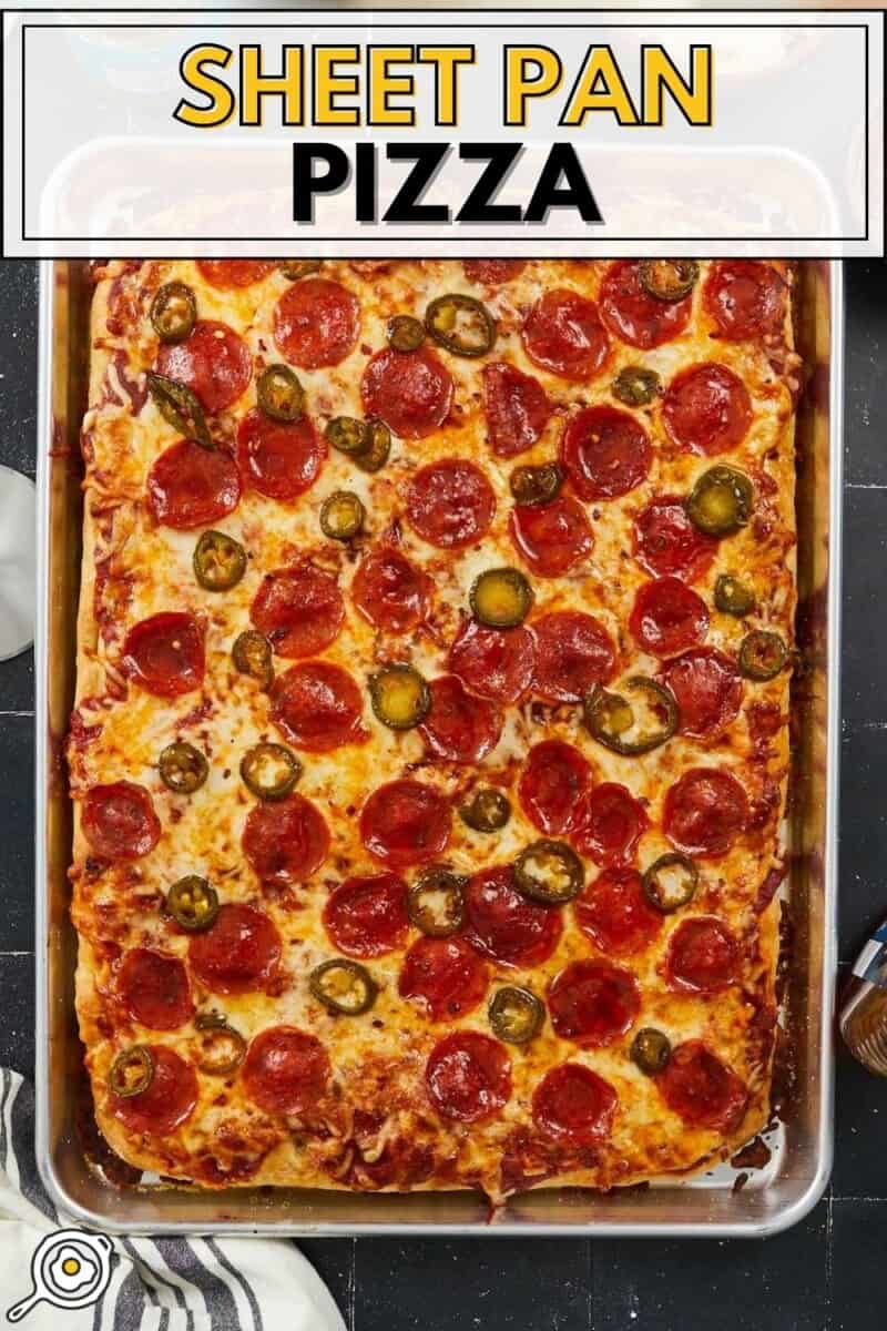 Overhead view of a pepperoni sheet pan pizza.