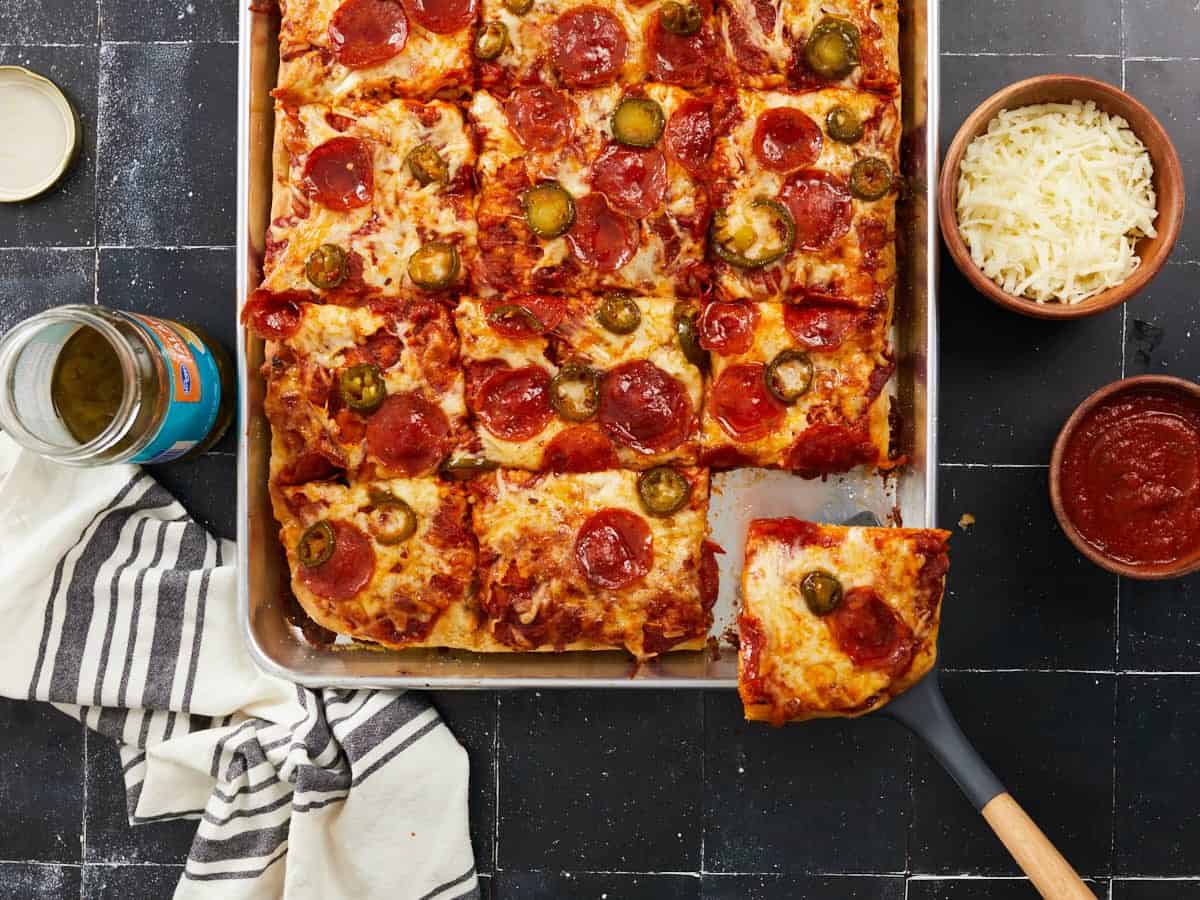 Sheet Pan Pizza Recipe (With Pepperoni and Mushrooms)