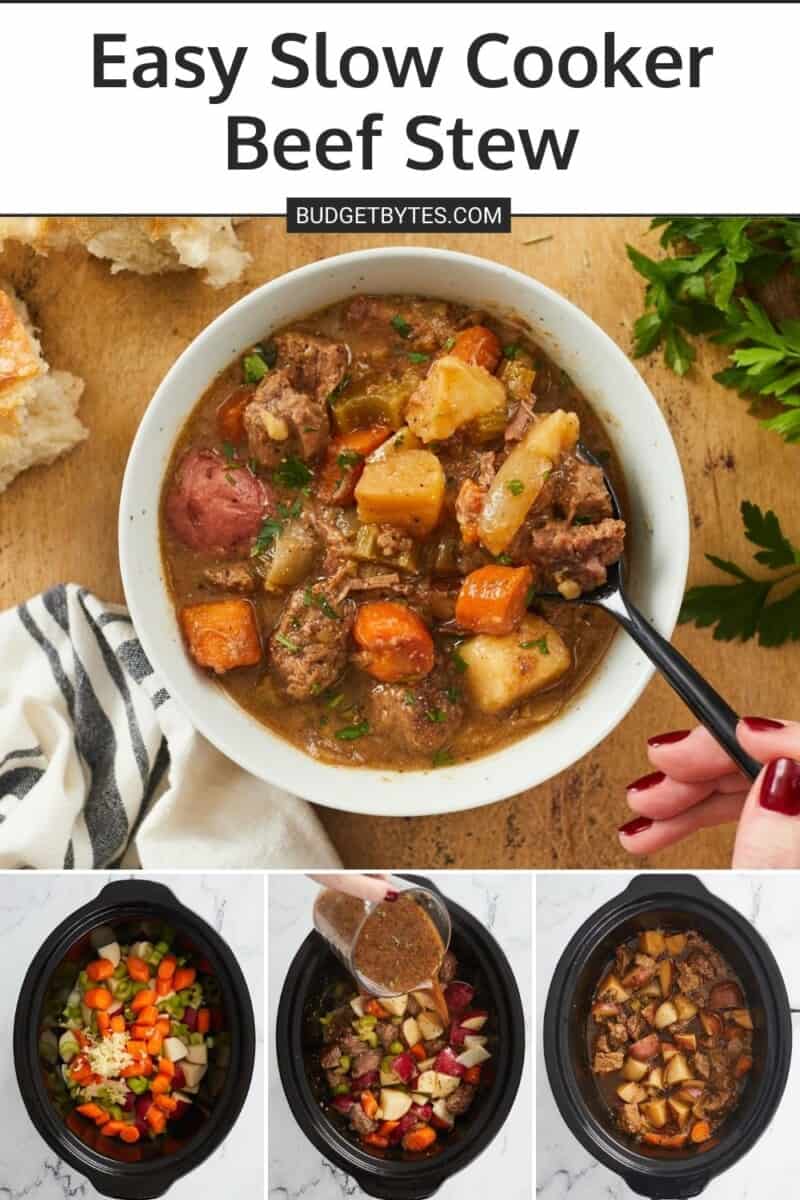 Collage of slow cooker beef stew photos with title text at the top.