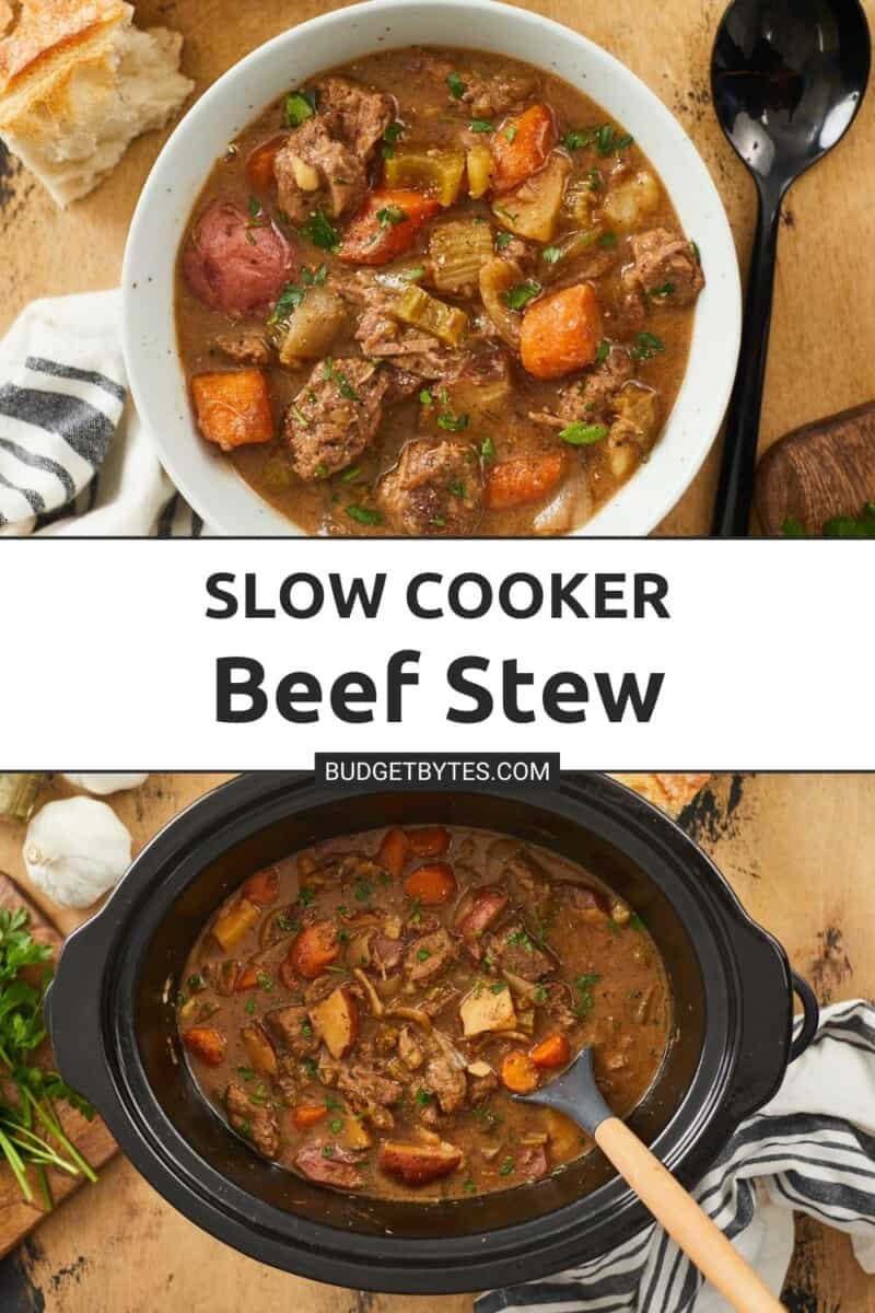 Collage of slow cooker beef stew photos with title text in the center.