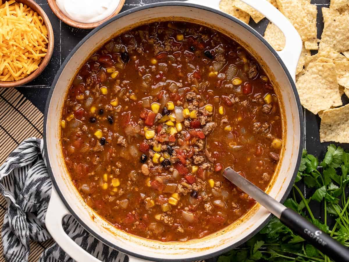Finished taco soup in the pot with no toppings. 