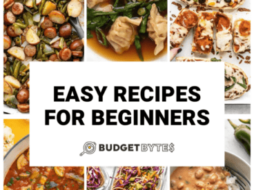 Collage of six images of recipes for beginner cooks.