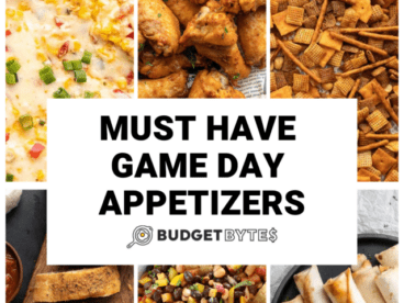 Collage of six photos of appetizers fit for game day.