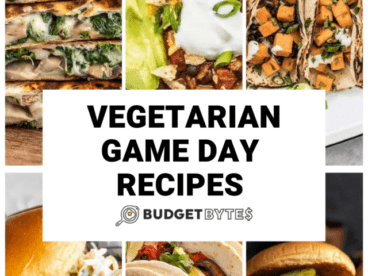 Collage of six photos of recipes for vegetarians for game day.