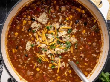 Overhead view of a pot of taco soup with toppings and a ladle.