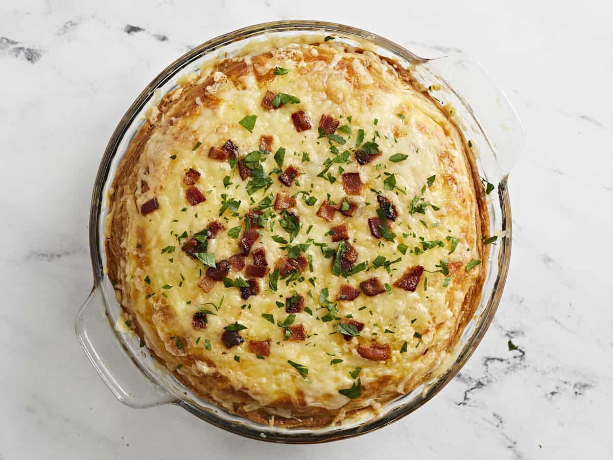 Overhead shot of Quiche Lorraine in a pie plate.