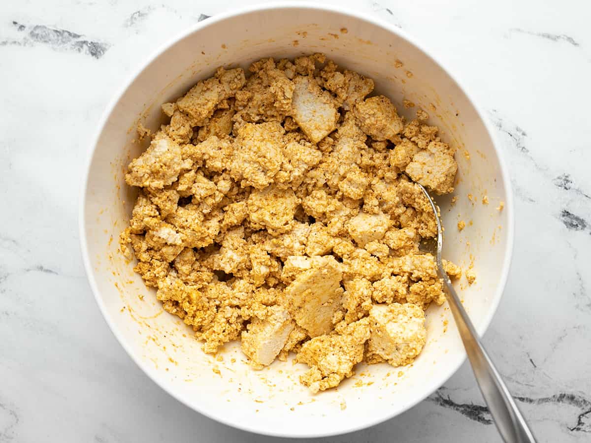 Seasoned tofu in the bowl.