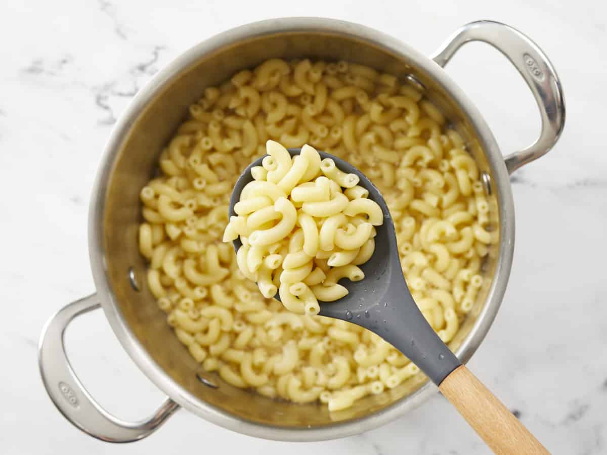 Cooked macaroni being held in a spoon over the pot.