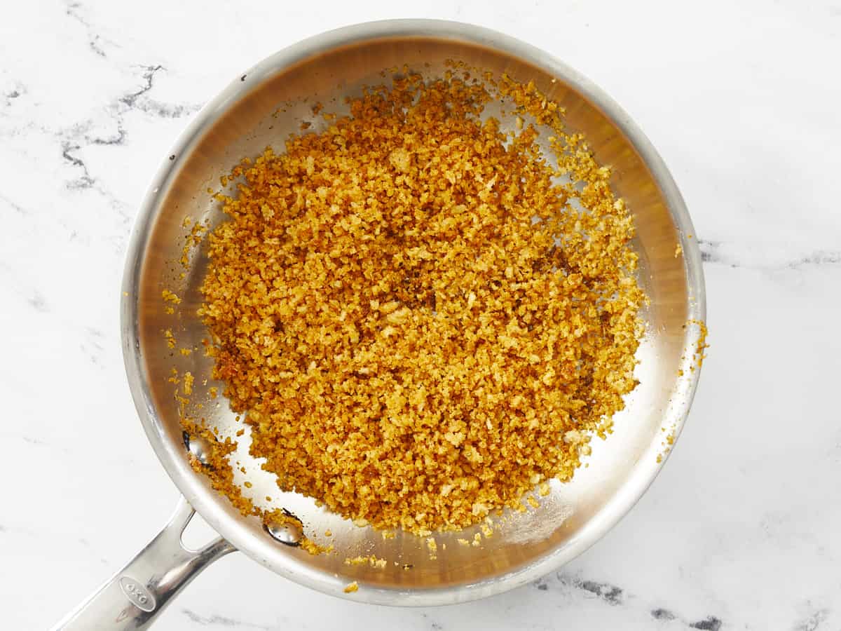Toasted breadcrumbs in a skillet.