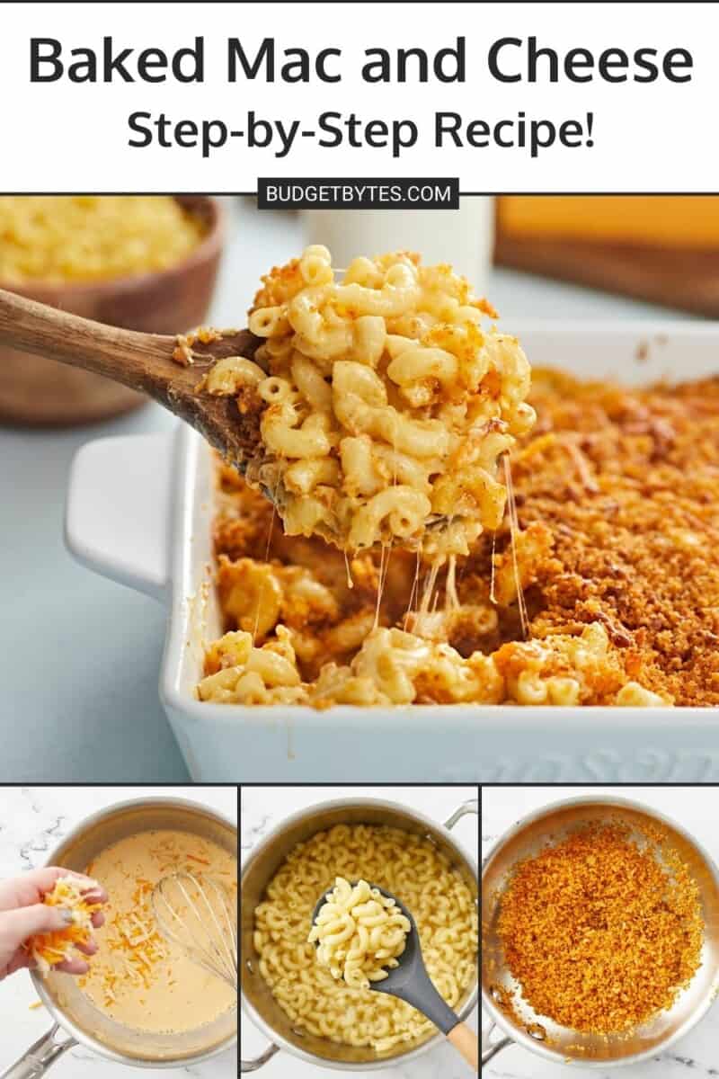 Collage of photos of baked mac and cheese.