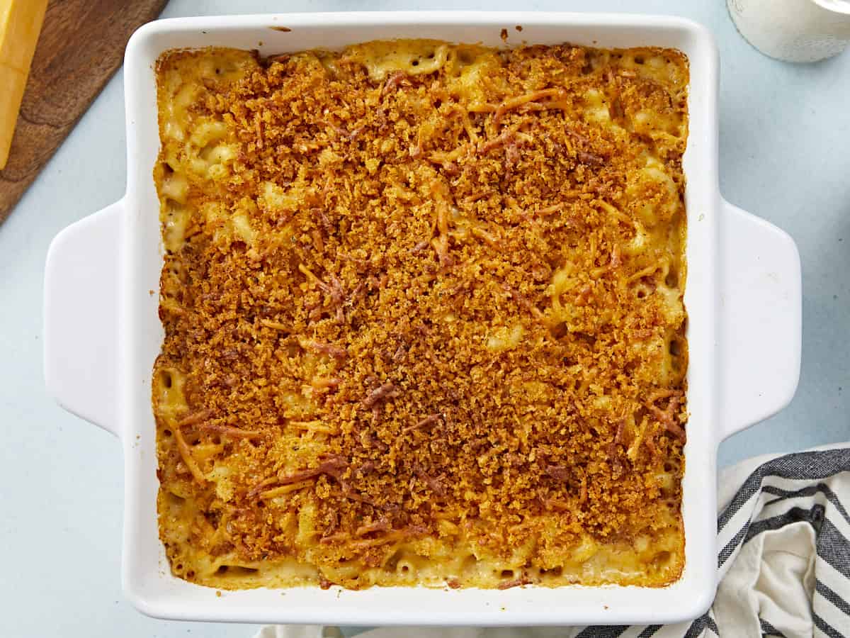 Overhead view of the baked mac and cheese in the casserole dish.