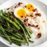 Blistered green bean rice bowl.