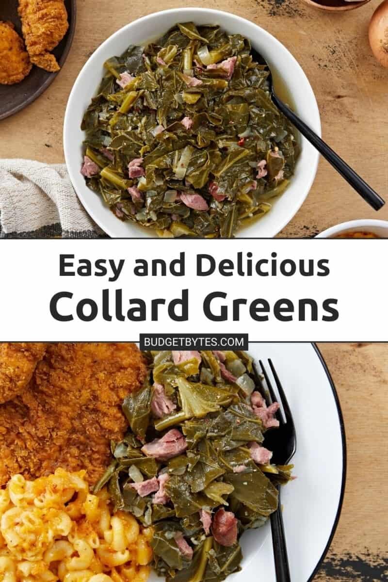 Collage of two photos of collard greens.