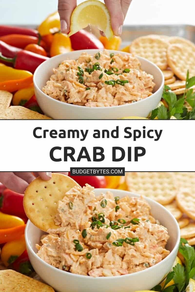 Photo of a hand squeezing a lemon wedge over crab dip set over a photo of a hand dipping a cracker into a bowl of crab dip.