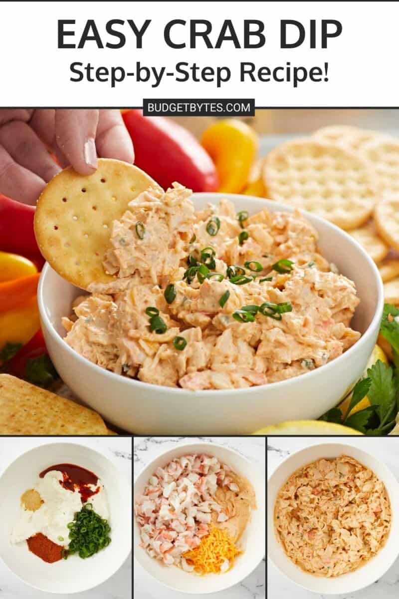 Photo of hand dipping cracker in a bowl of crab dip set over thee photos of the crab-dip making process..
