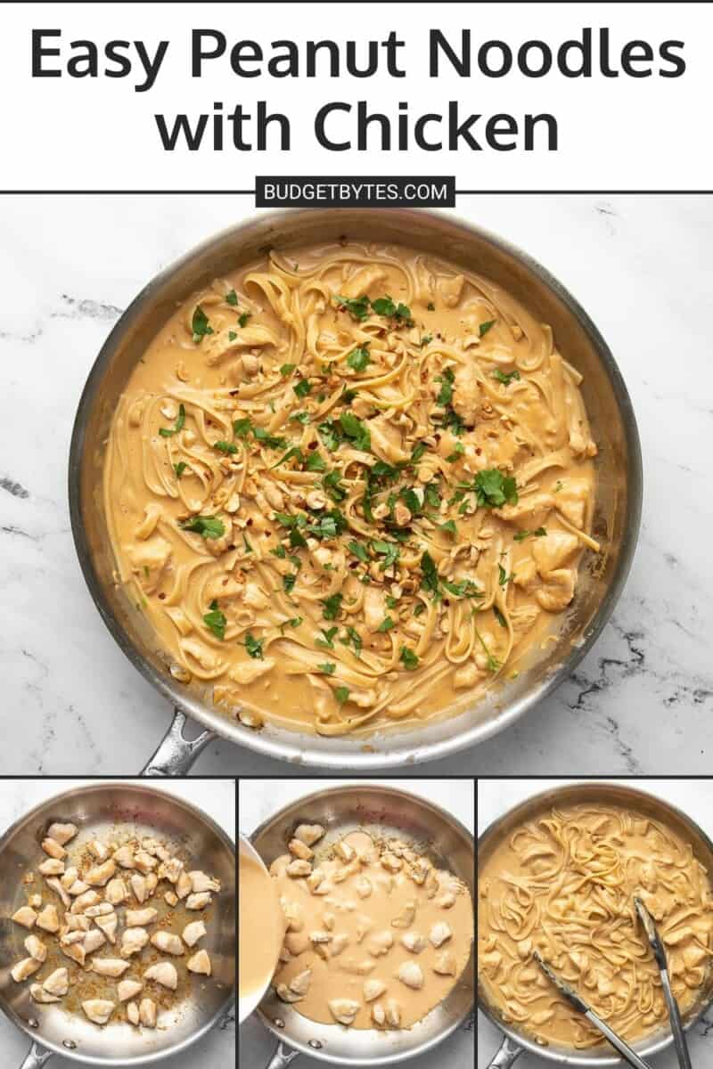 Collage of photos of peanut noodles being cooked.
