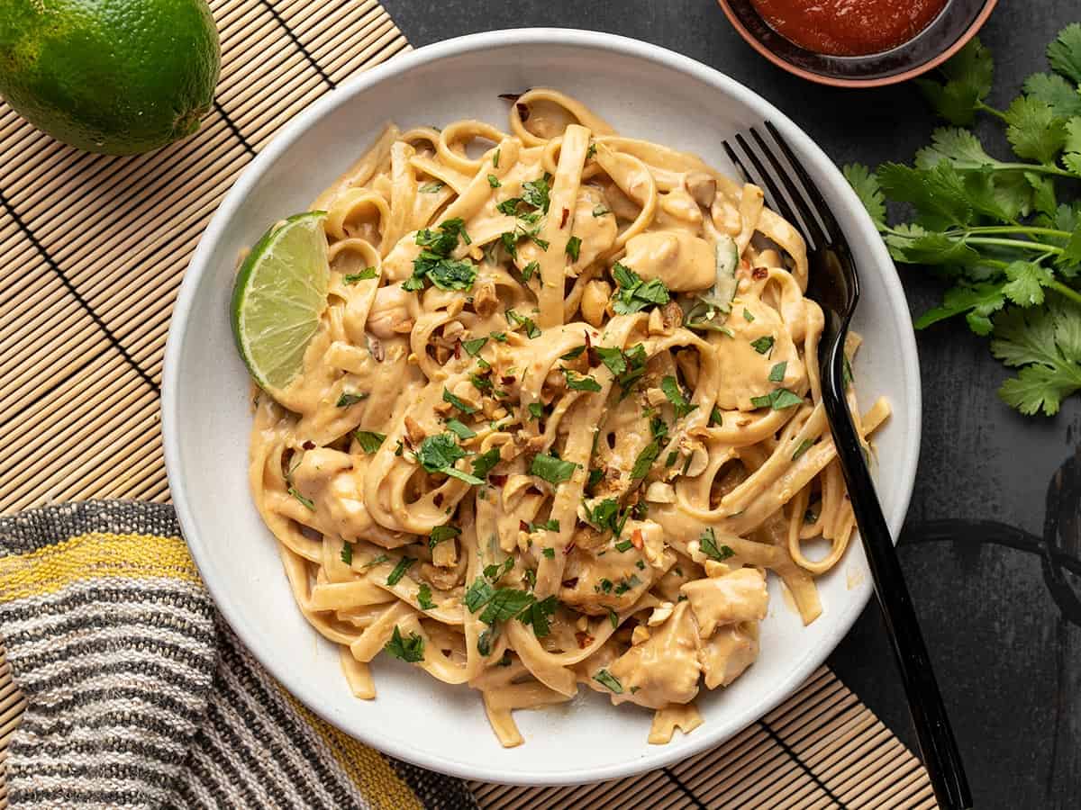 Overhead view of a plate full of peanut noodles with a fork on the side.