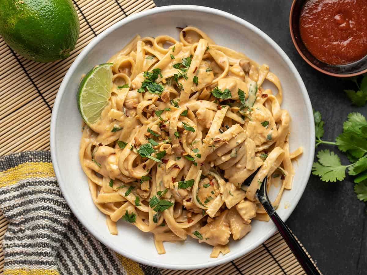 Peanut noodles on a plate with a fork twirled in the noodles.