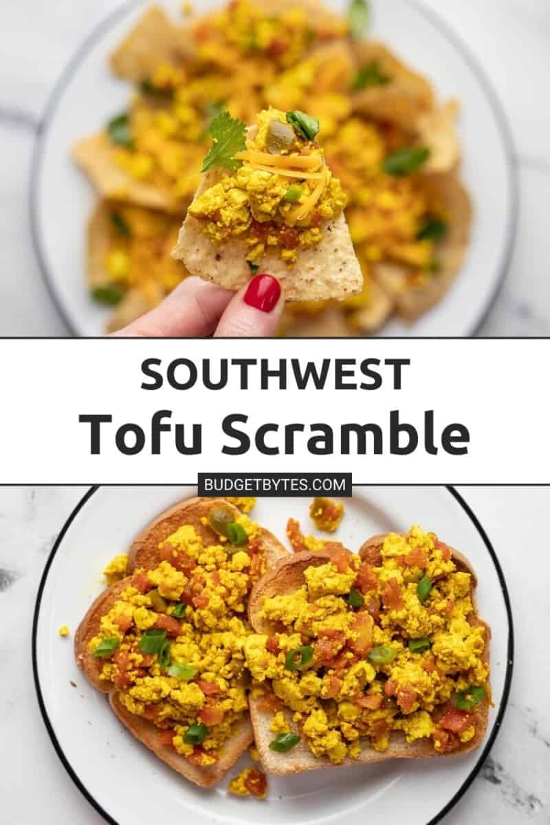 Collage of photos of nachos made with Southwest Tofu Scramble.