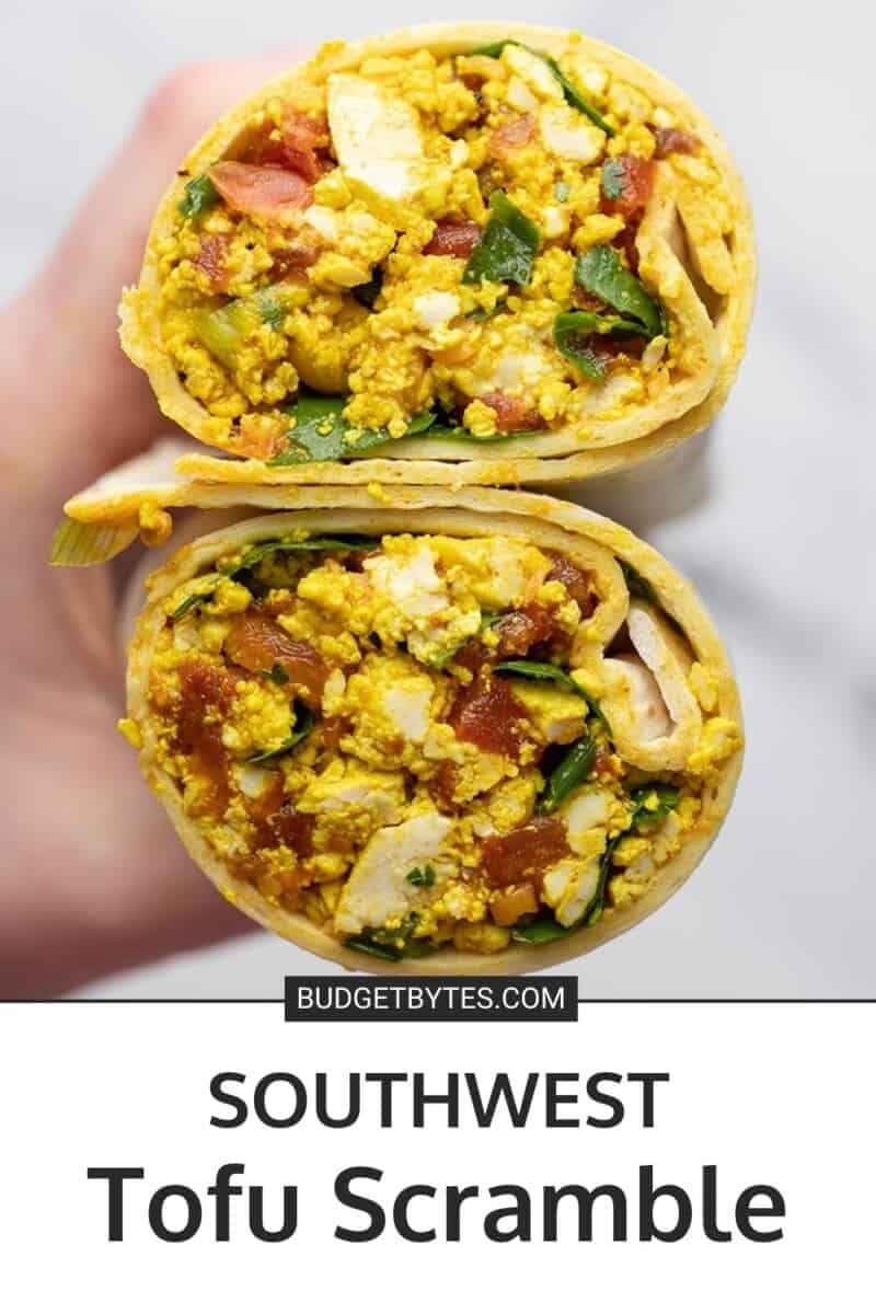 Cross section of a burrito made with Southwest Tofu Scramble.