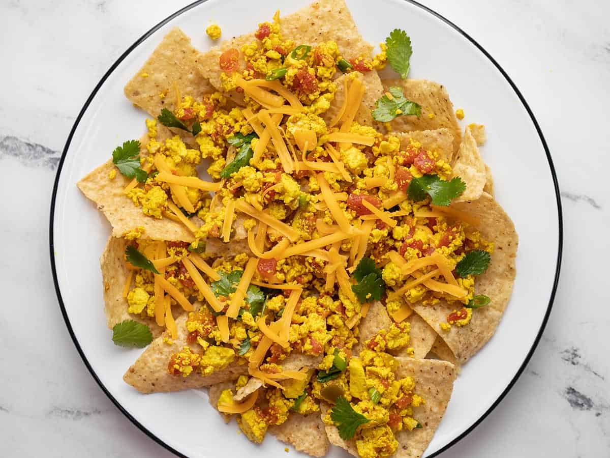 Nachos made with southwest tofu scramble.