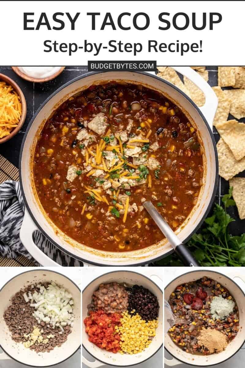 Collage of images of taco soup being cooked.