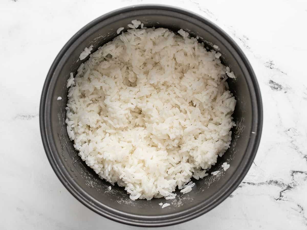 Cooked rice in a rice cooker.