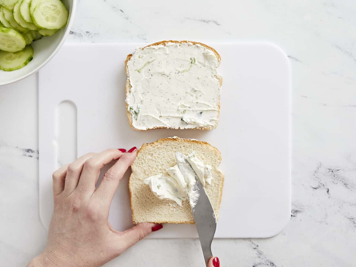 Cream cheese spread on the bread.