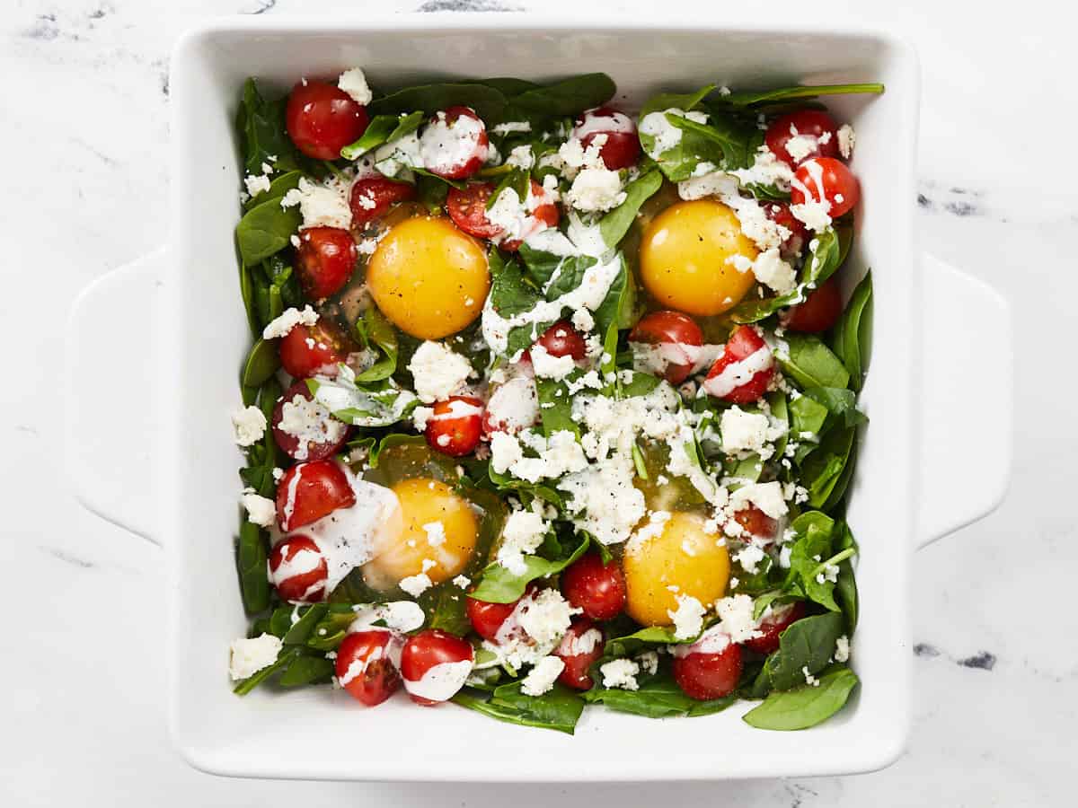 Seasoned eggs in the baking dish.