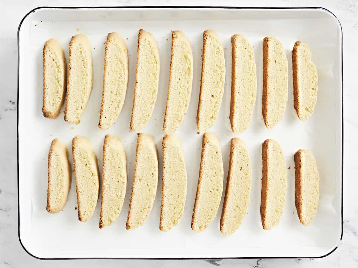 sliced biscotti on the baking sheet.