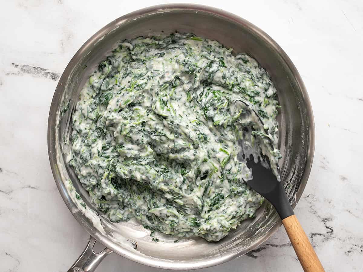 Finished creamed spinach in the skillet.