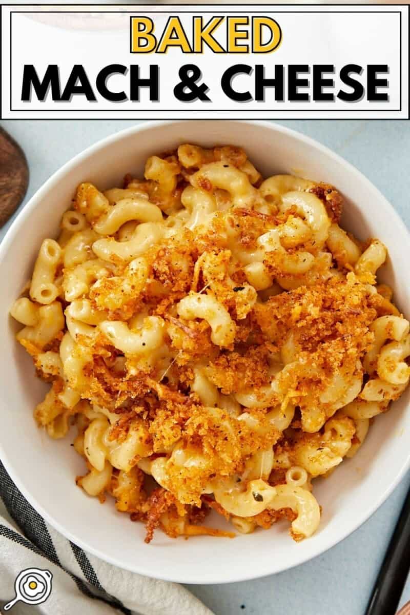 Overhead view of a bowl full of baked mac and cheese.