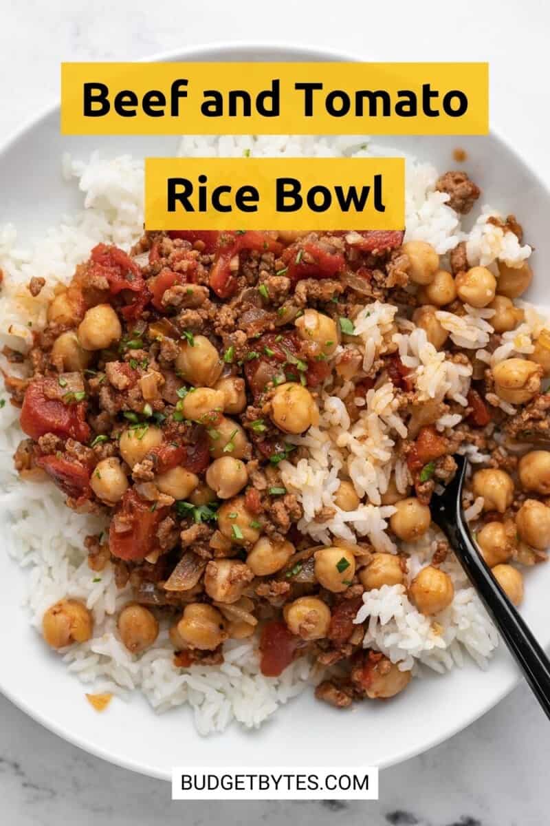 Overhead shot of Beef and Tomato Rice Bowl with fork in it.