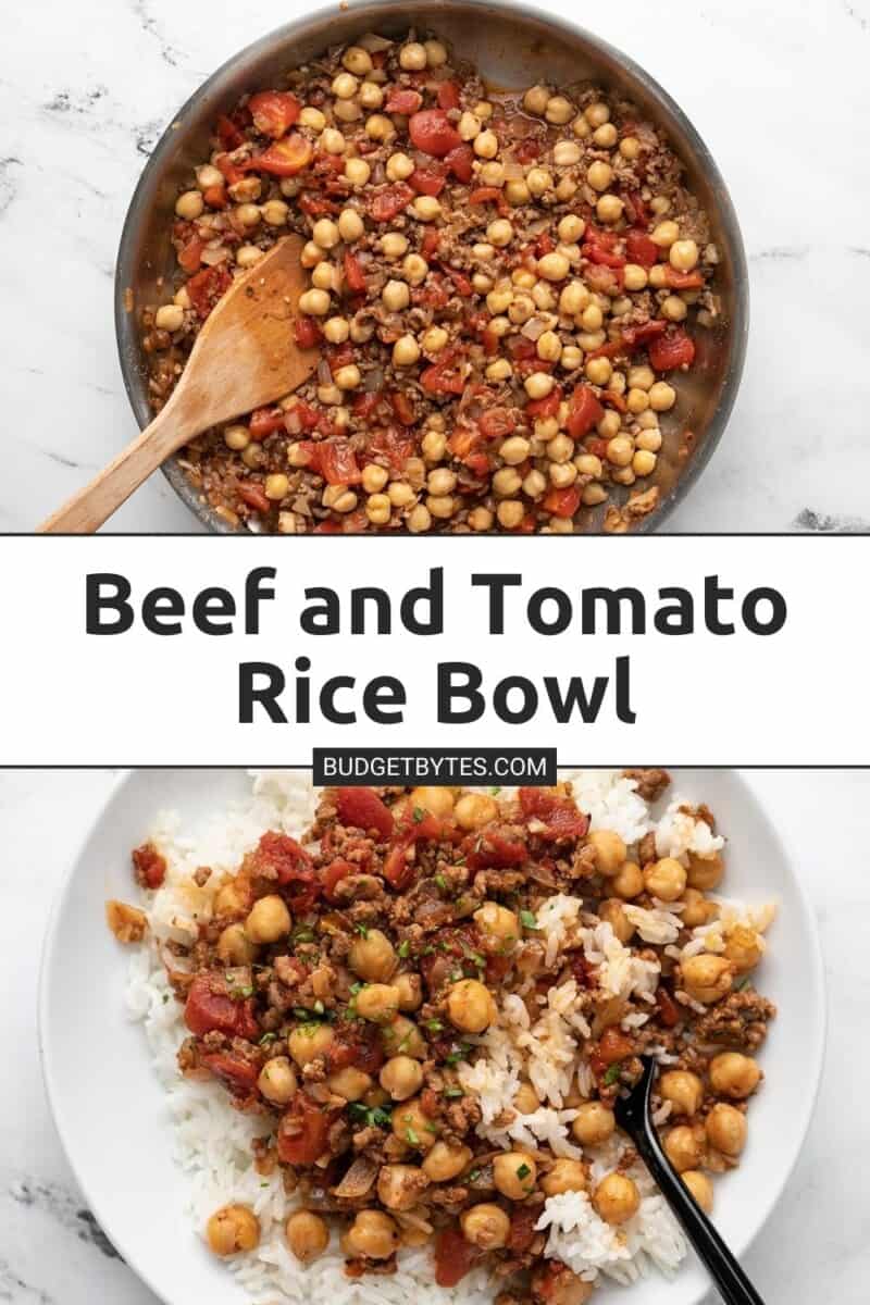 Overhead shot of Beef and Tomato mixture in a silver sauté pan layered over an overhead shot of the Beef and Tomato Rice Bowl.