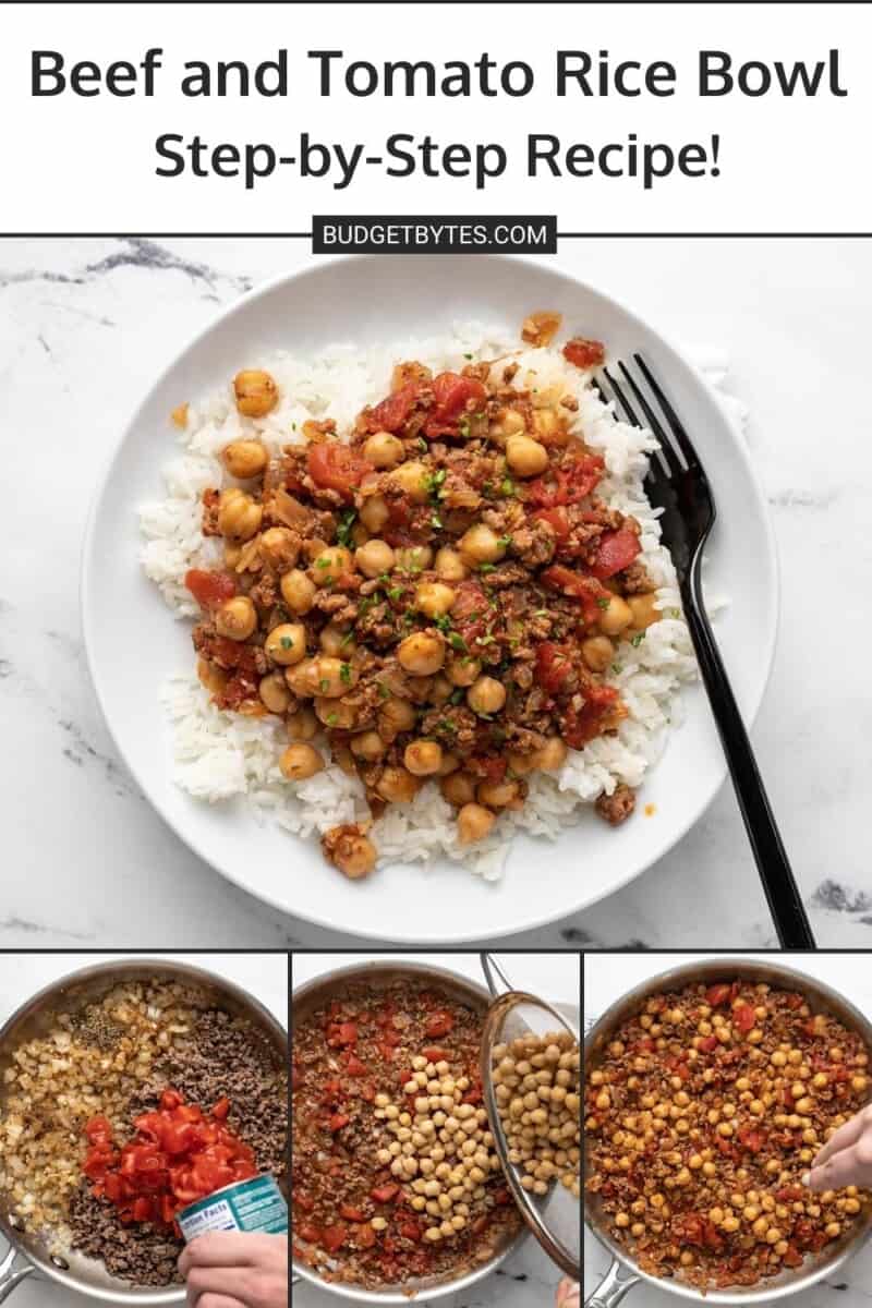 Overhead shot of Beef and Tomato Rice Bowl with fork in it layered over three cooking process shots,