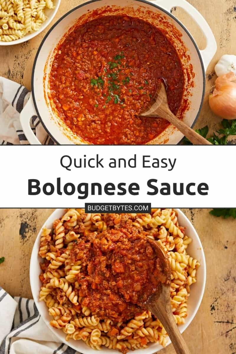 Collage of an overhead shot of bolognese in a beige Dutch oven with a wood spoon in it set over an overhead shot of bolognese served over rotini in a white bowl.