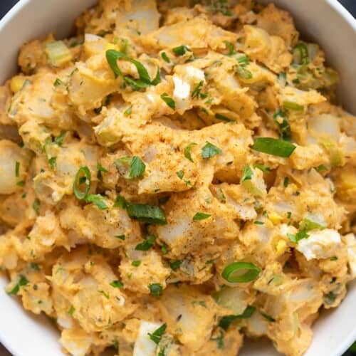 Close up overhead shot of Cajun Potato Salad in a bowl.