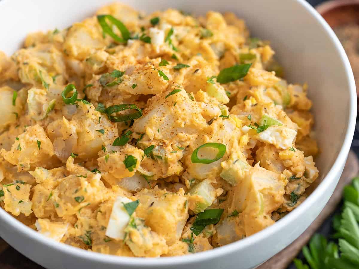 Close up side view of Cajun Potato Salad in a bowl.