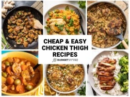 Collage of chicken thigh recipe photos with title text in the center.