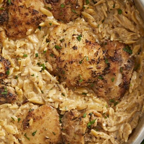 Close up shot of Creamy Chicken And Orzo.