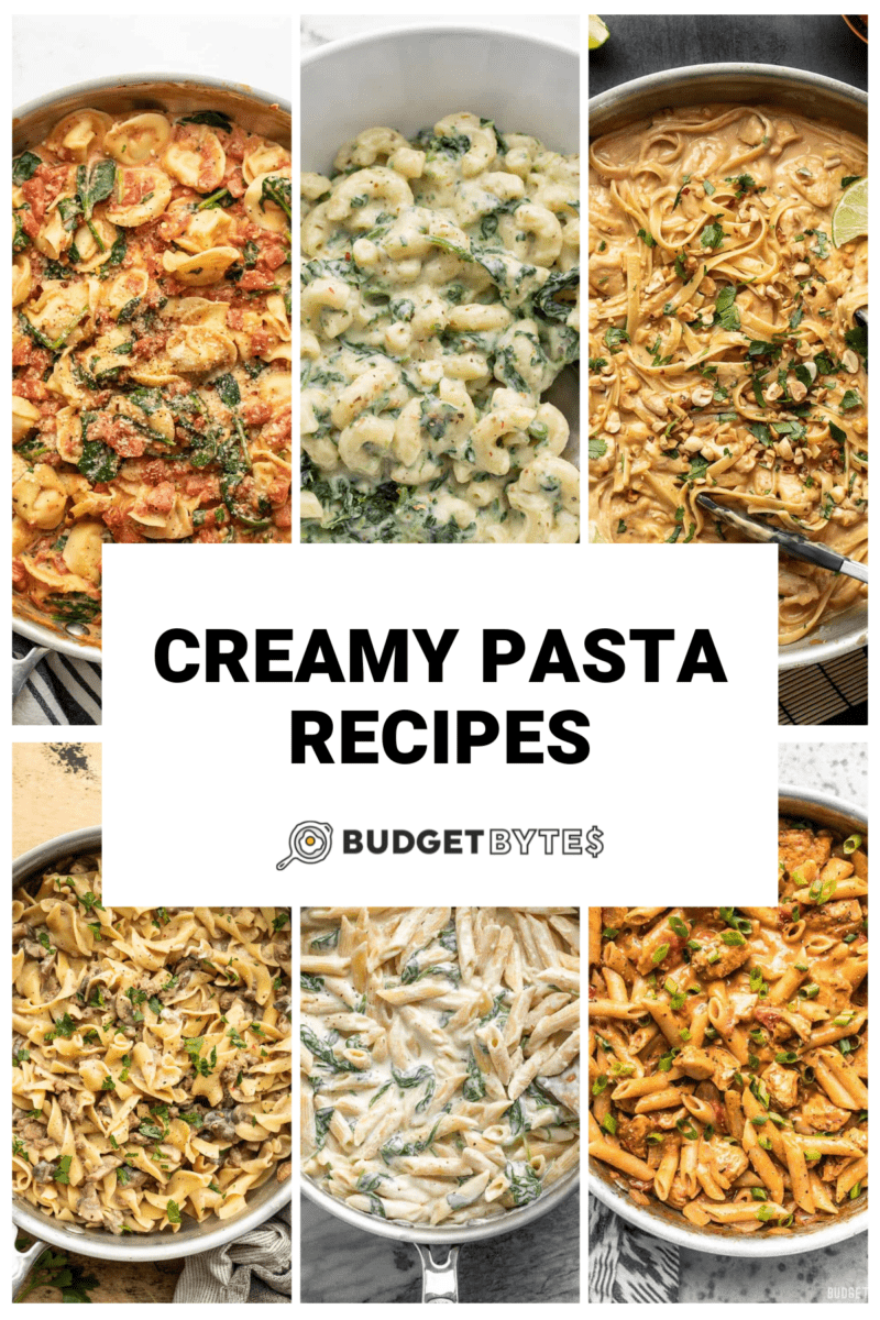 Collage of creamy pasta recipe photos with title text in the center.