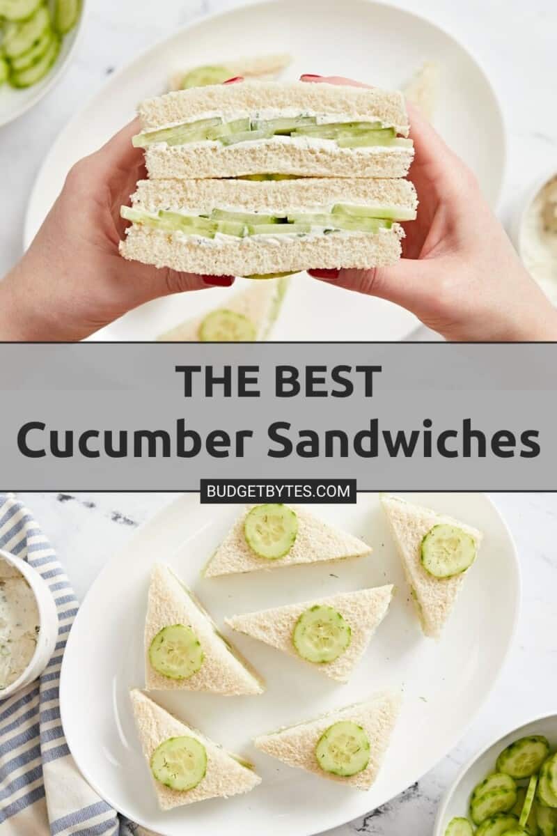 Collage of cucumber sandwich images with title text in the center.