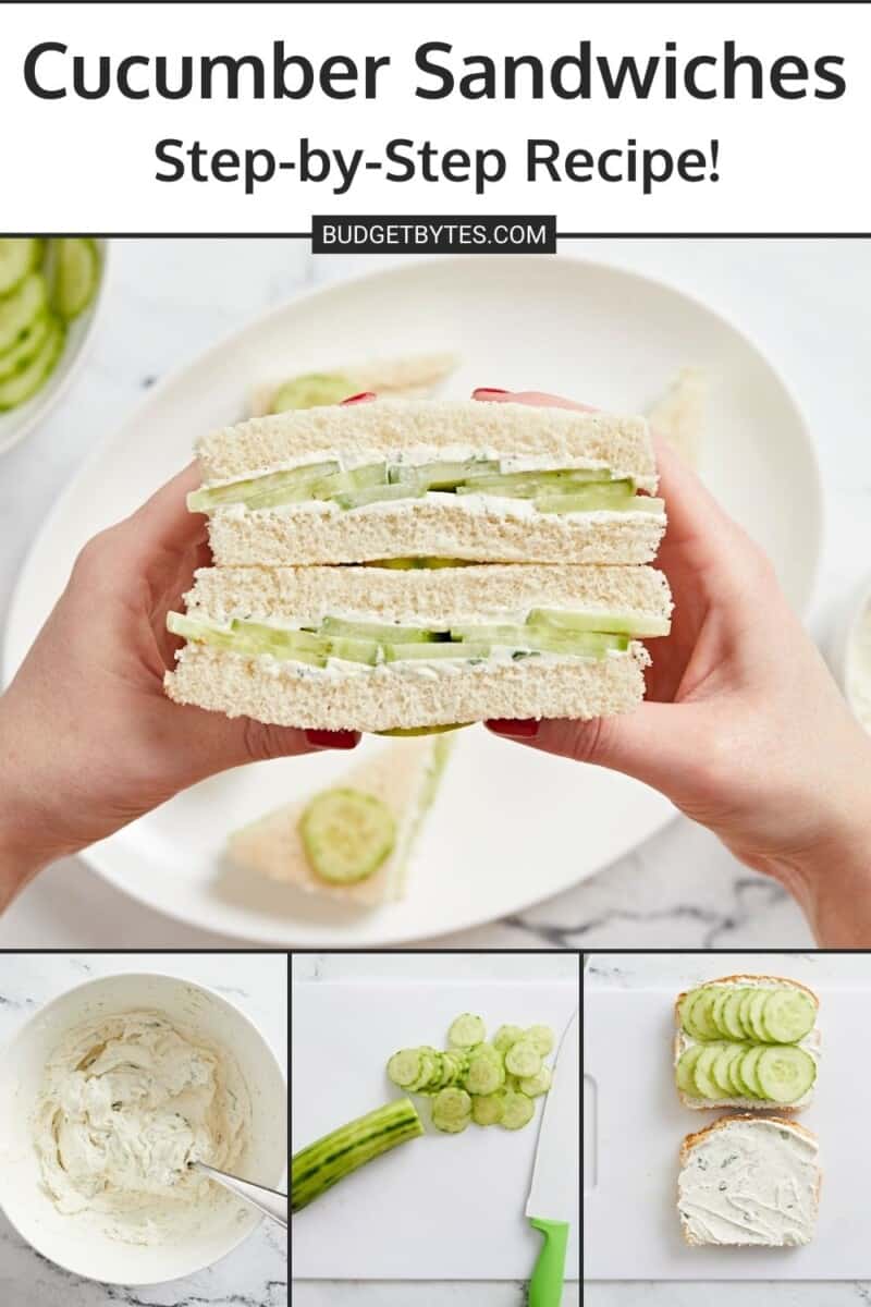 Collage de imágenes de sándwich de pepino con texto de título en la parte superior.