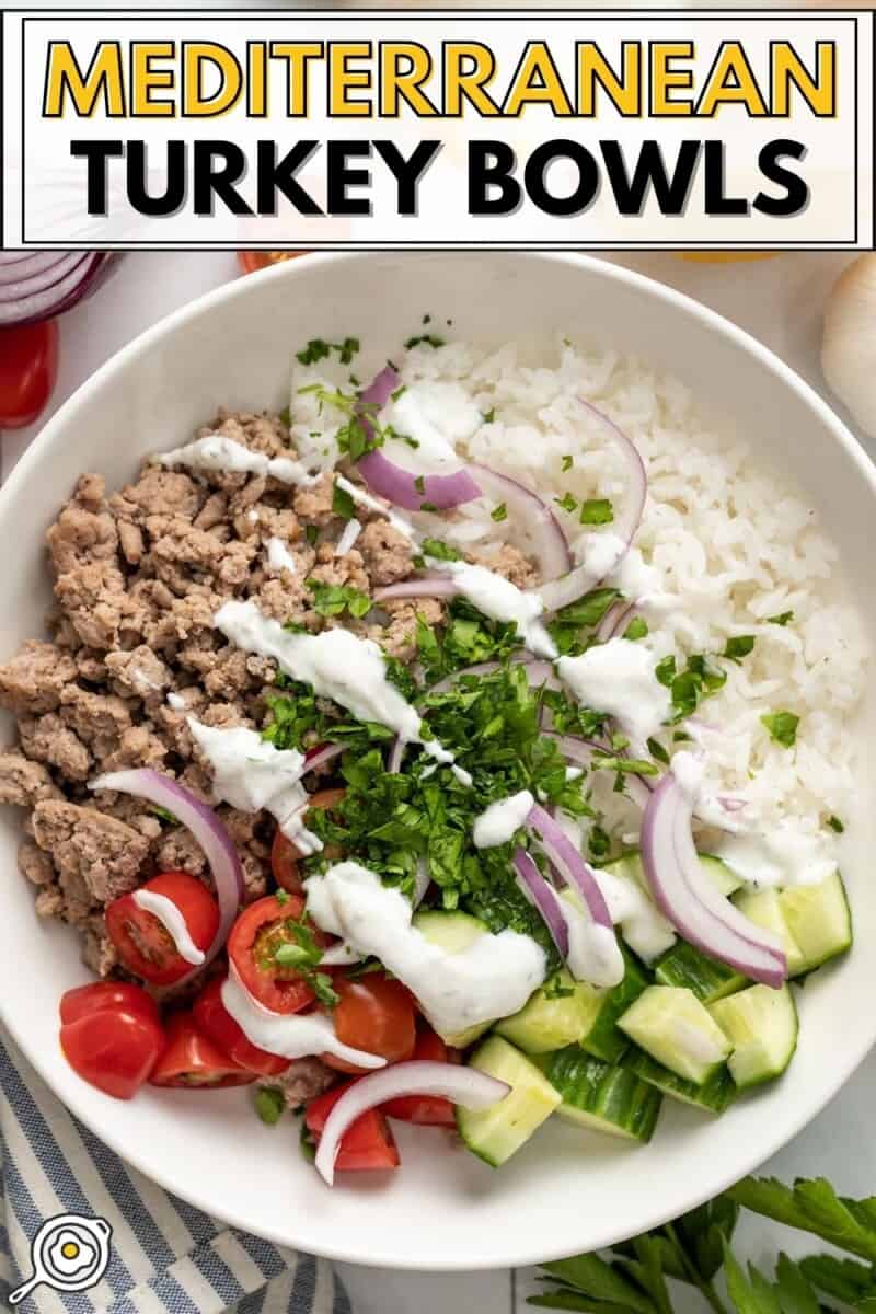 Overhead view of a Mediterranean Turkey Bowl with title text at the top.